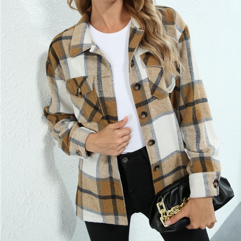 Title 8, Plaid pocket button loose casual woolen coat