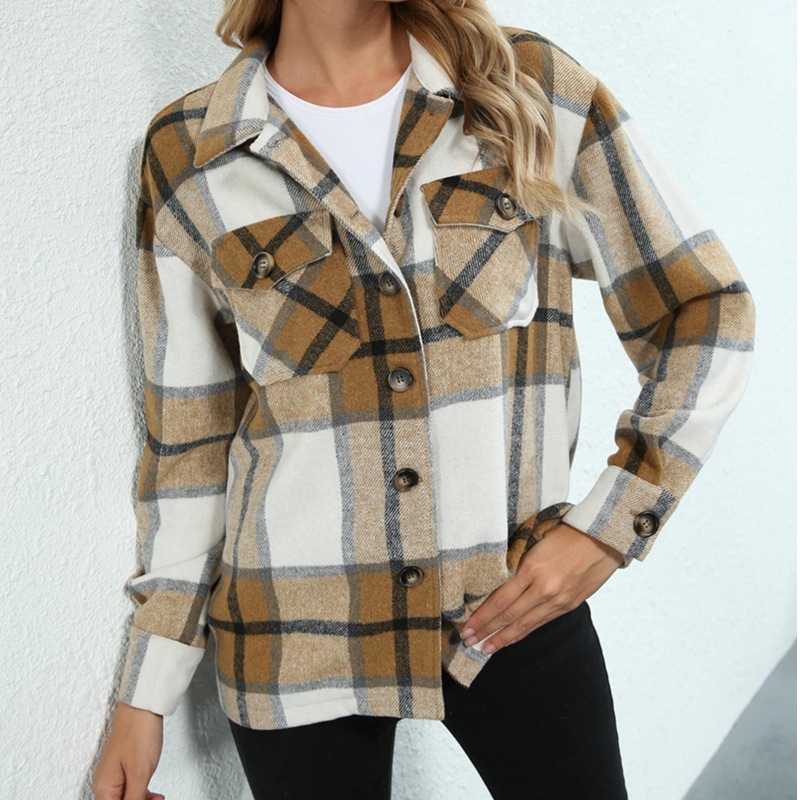 Title 9, Plaid pocket button loose casual woolen coat