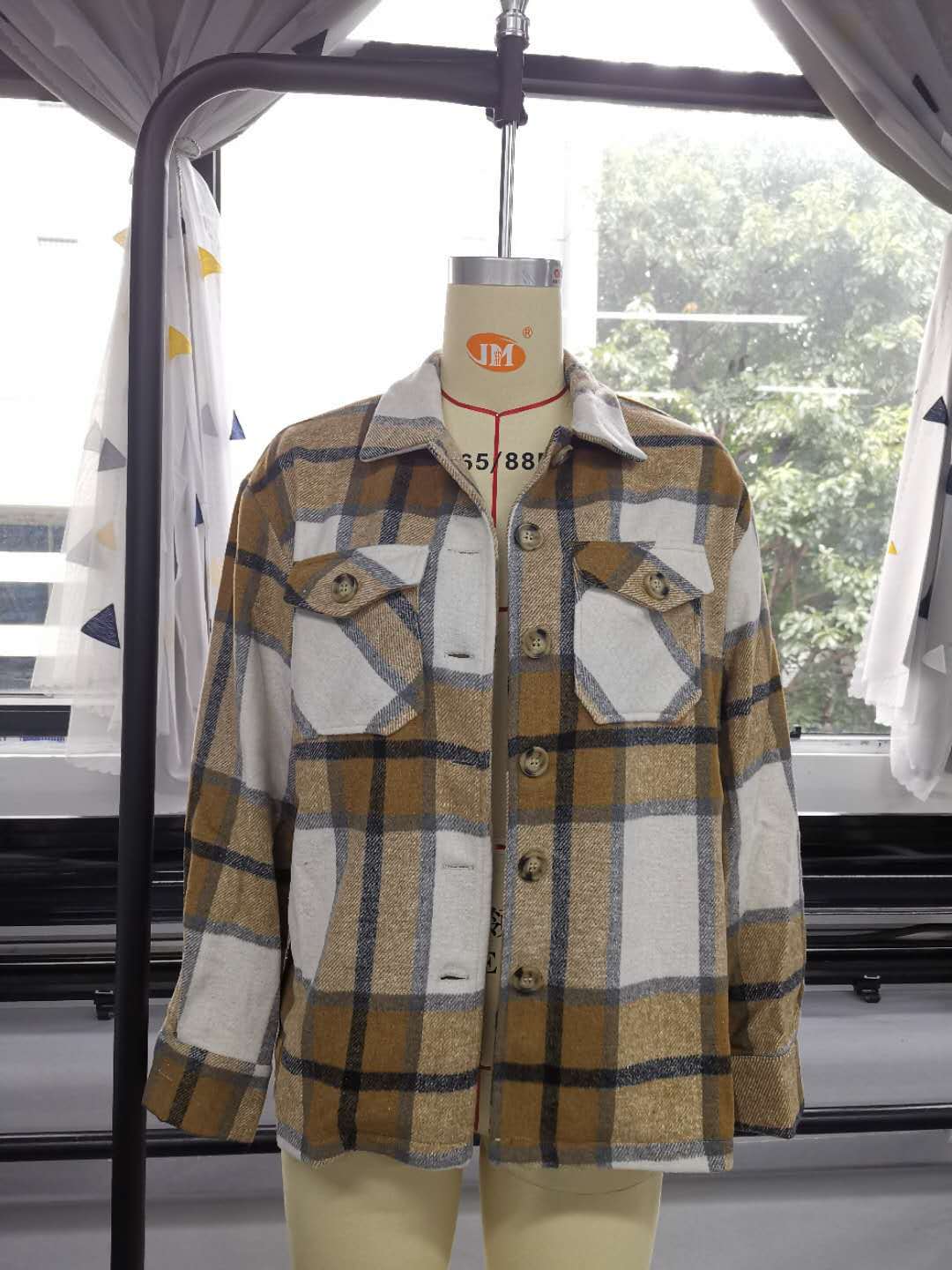 Title 12, Plaid pocket button loose casual woolen coat