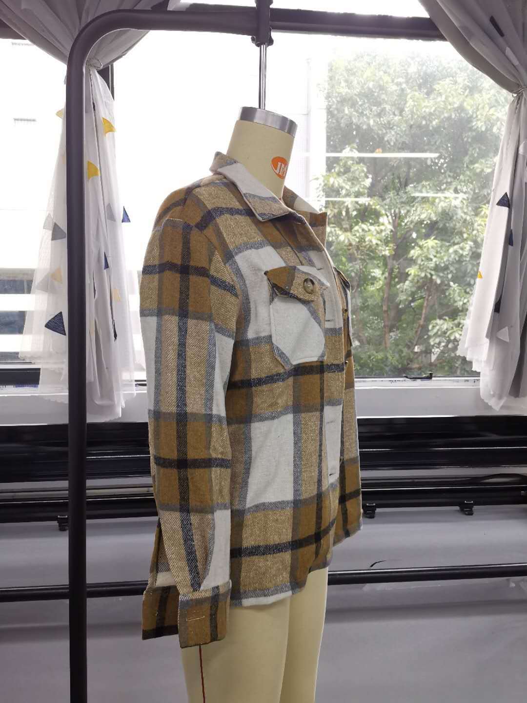 Title 13, Plaid pocket button loose casual woolen coat