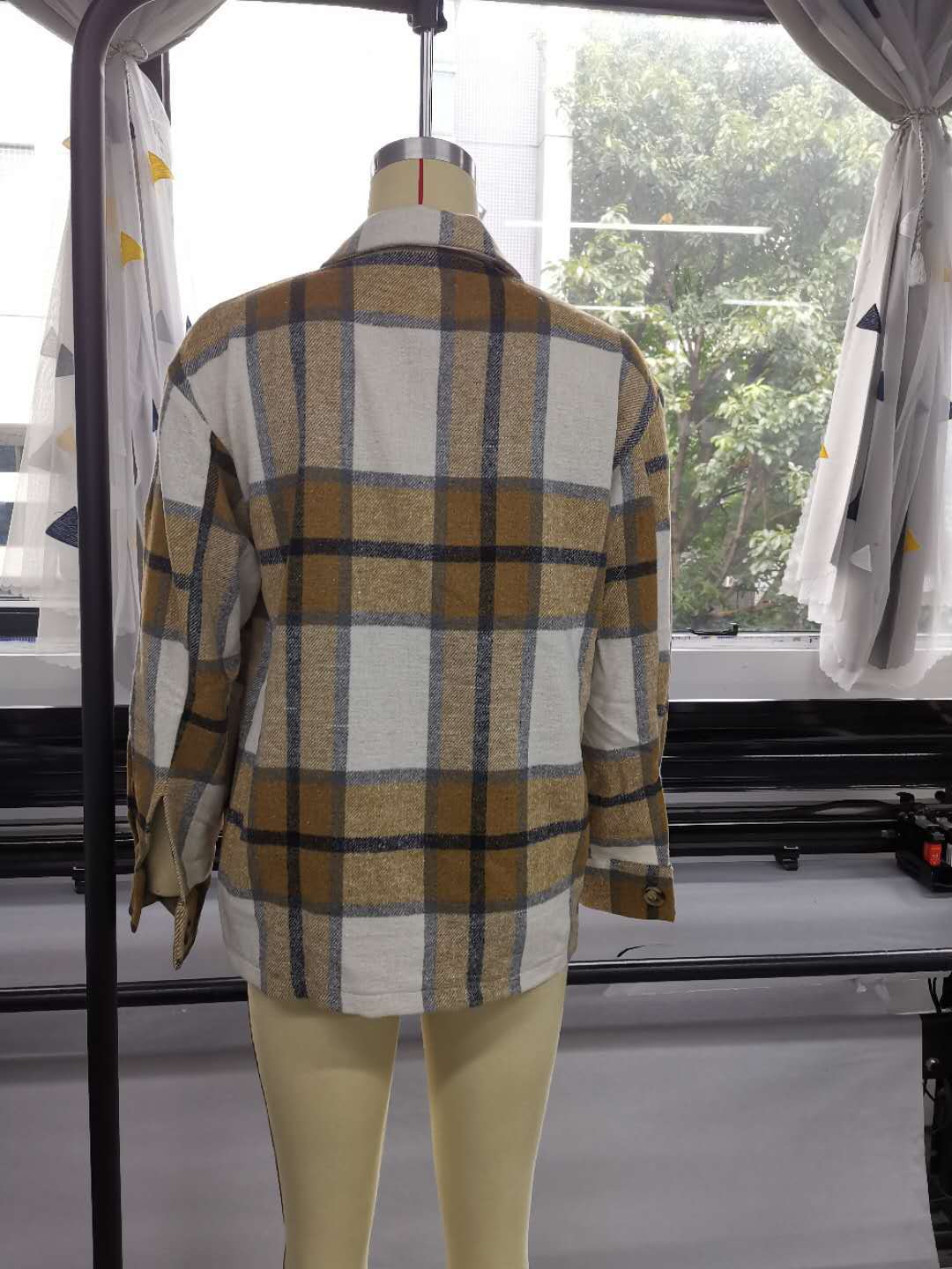 Title 14, Plaid pocket button loose casual woolen coat