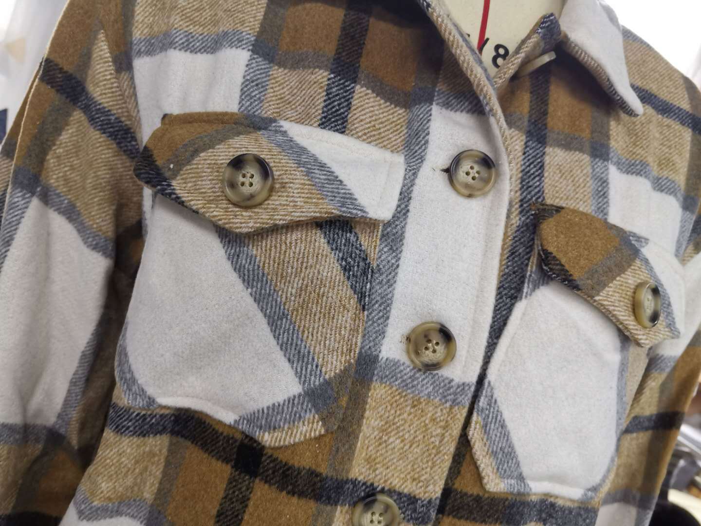 Title 16, Plaid pocket button loose casual woolen coat