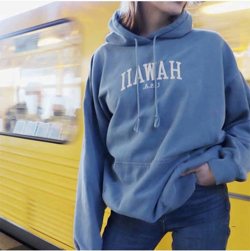 Title 2, Misty blue embroidered letter Fleece Hoodie