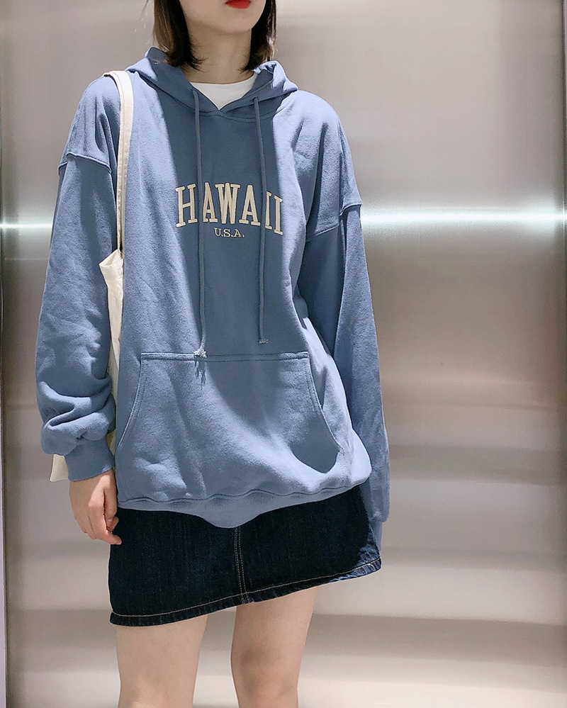 Title 6, Misty blue embroidered letter Fleece Hoodie