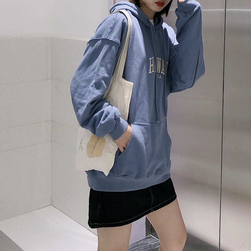 Title 9, Misty blue embroidered letter Fleece Hoodie