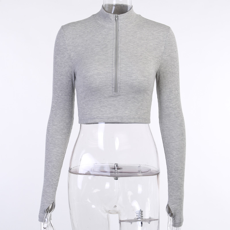 Title 14, New solid color slim zipper long sleeve top