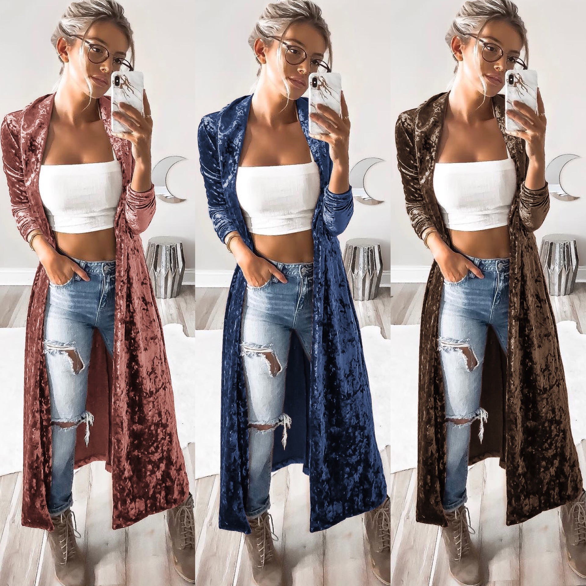 Title 1, Long Sleeve Velvet Cardigan Windbreaker Long Co...