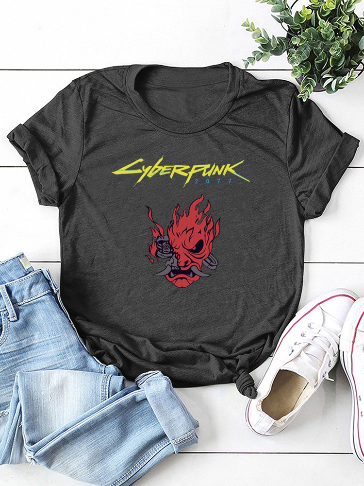 Title 9, Cyberpunk Style Printed Crew Neck T-shirt