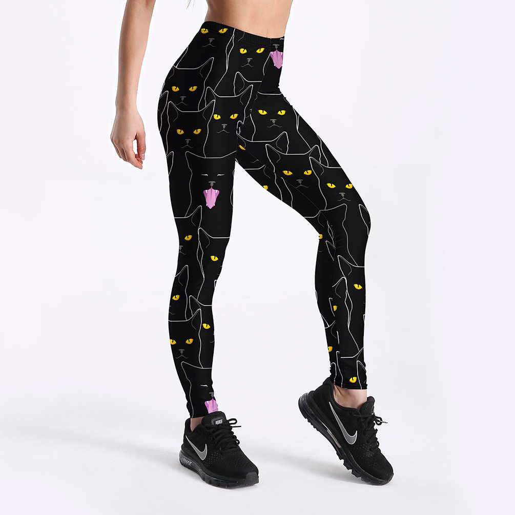 Title 2, Black cat print womens slim sports leggings fo...