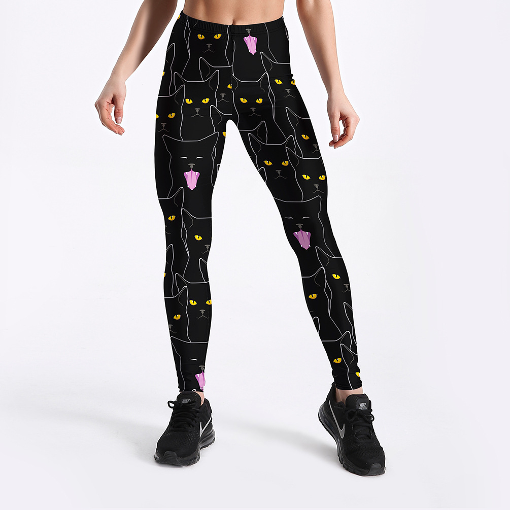 Title 3, Black cat print womens slim sports leggings fo...