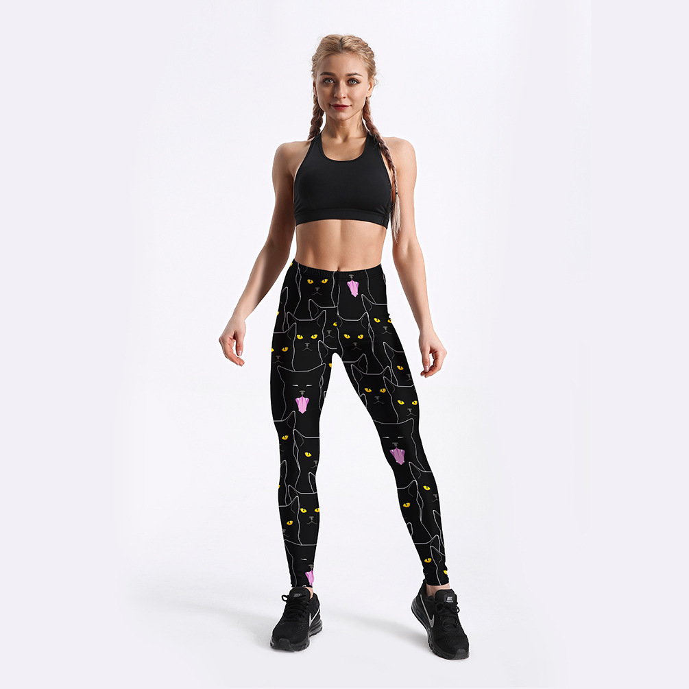 Title 6, Black cat print womens slim sports leggings fo...