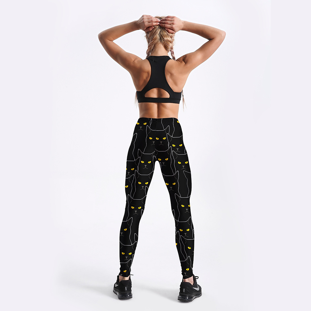 Title 7, Black cat print womens slim sports leggings fo...