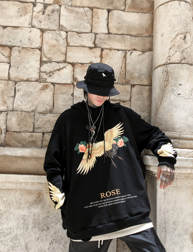 Title 11, Stork Print Loose Style Hip Hop Hoodie