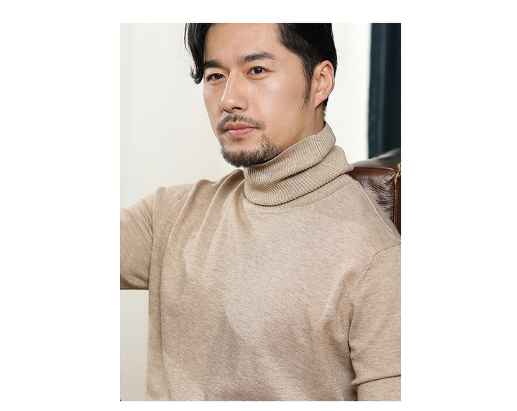 Men's wool sweater front view in white color with high collar