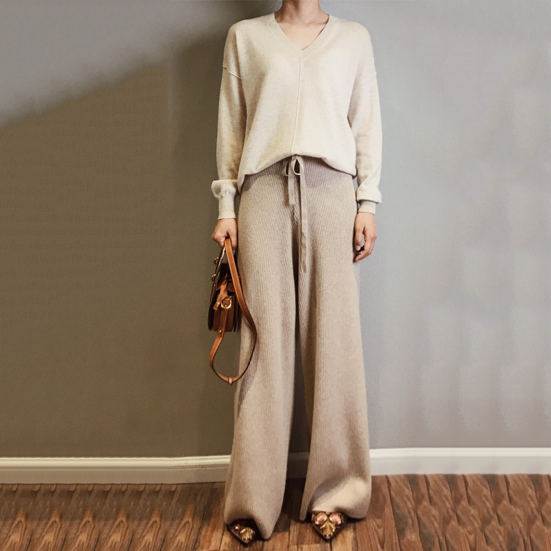 Title 2, High-rise solid color cashmere wide-leg trouser...