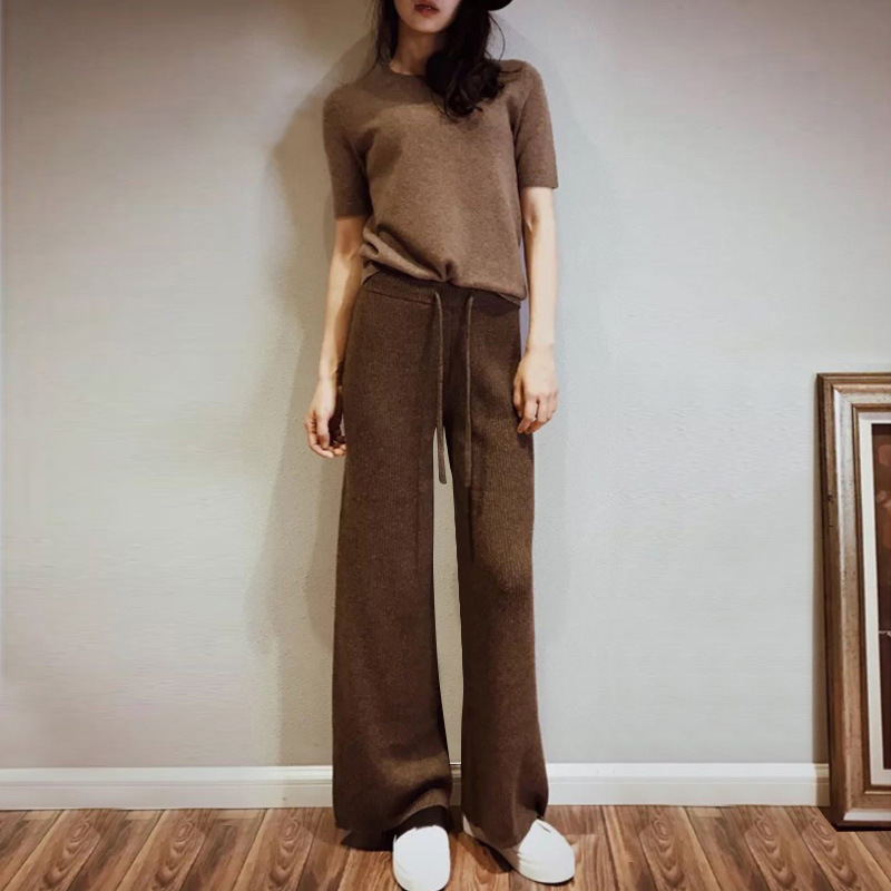 Title 6, High-rise solid color cashmere wide-leg trouser...