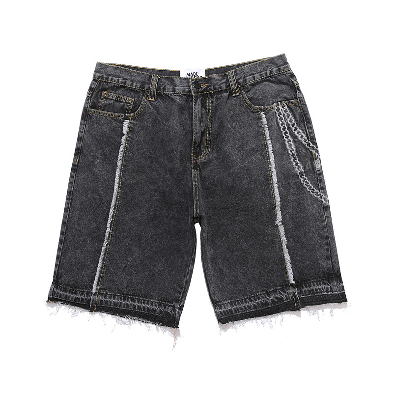 Title 12, Zwarte, ketting geborduurde raw denim shorts, v...