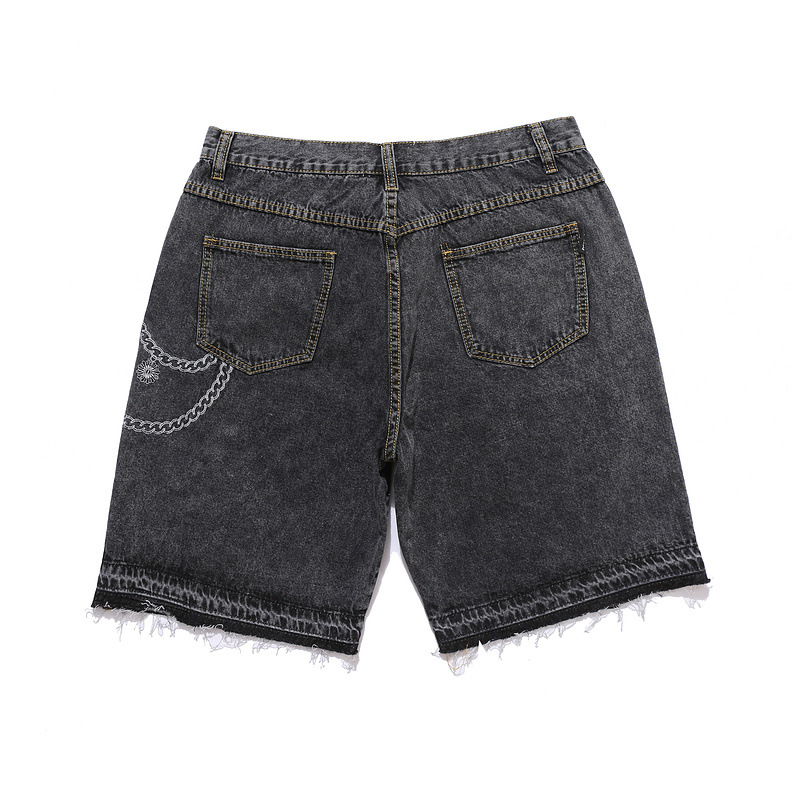 Title 13, Zwarte, ketting geborduurde raw denim shorts, v...