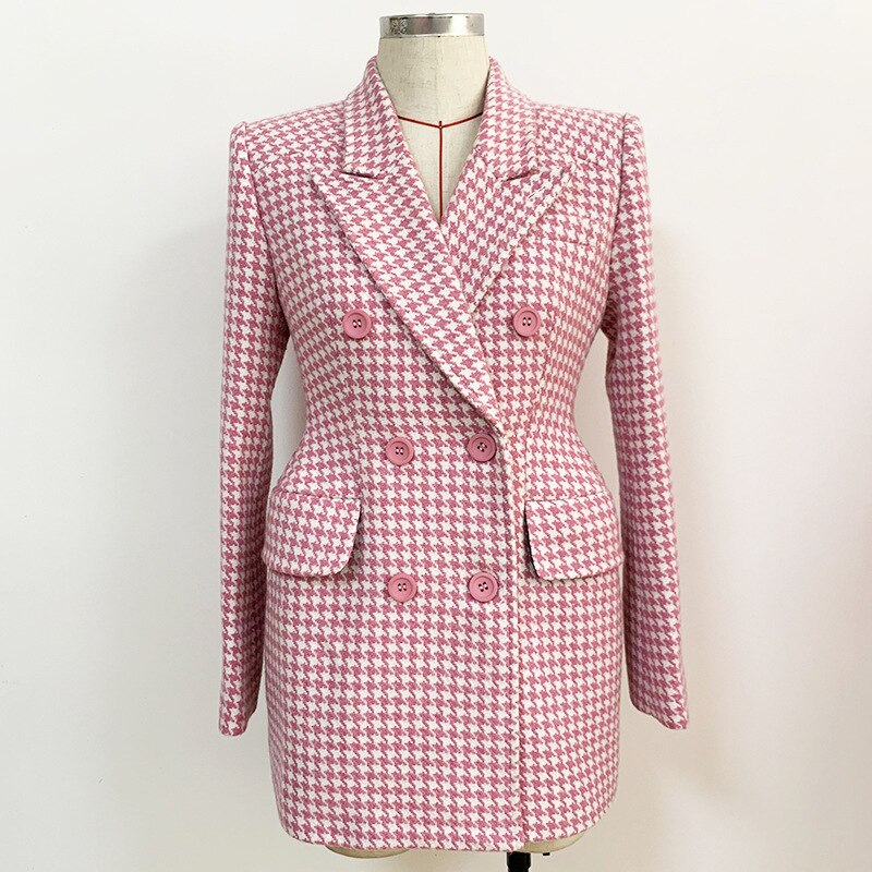 Title 2, Pink Houndstooth Wool Coat Retro Double-breasted