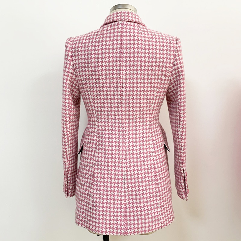 Title 3, Pink Houndstooth Wool Coat Retro Double-breasted