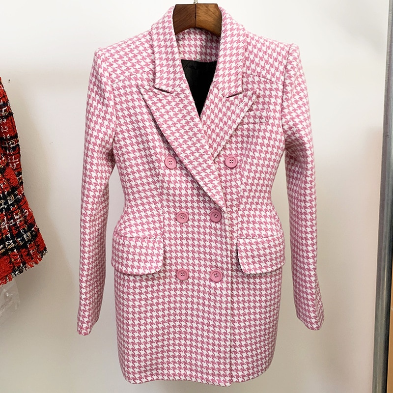 Title 4, Pink Houndstooth Wool Coat Retro Double-breasted