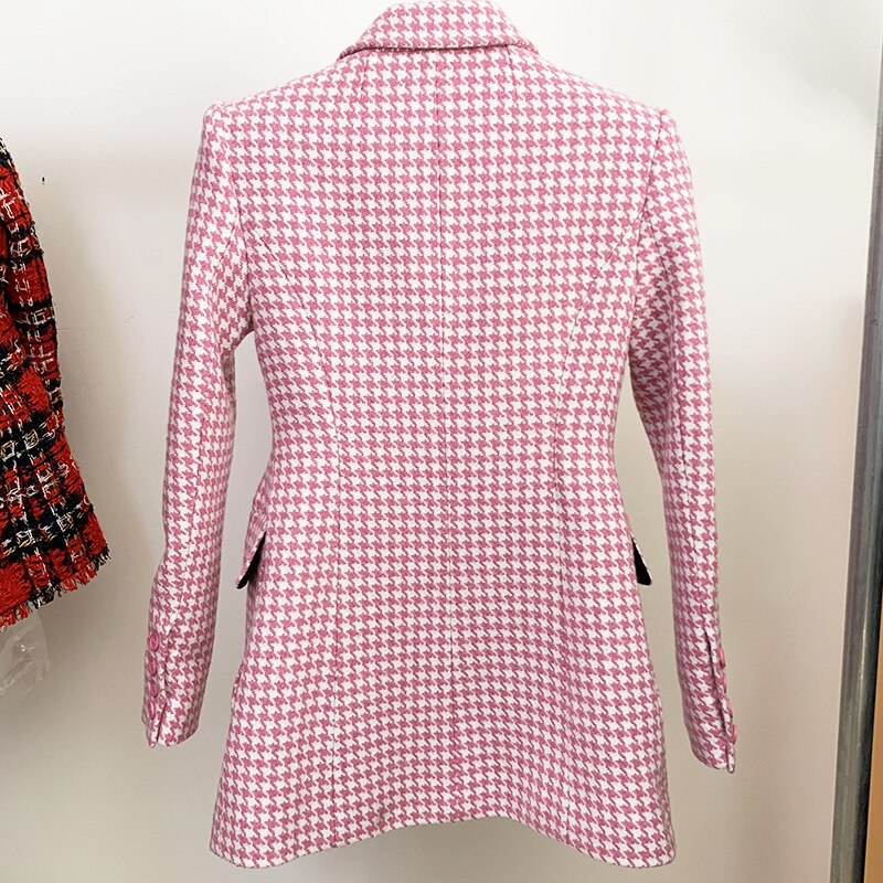 Title 5, Pink Houndstooth Wool Coat Retro Double-breasted