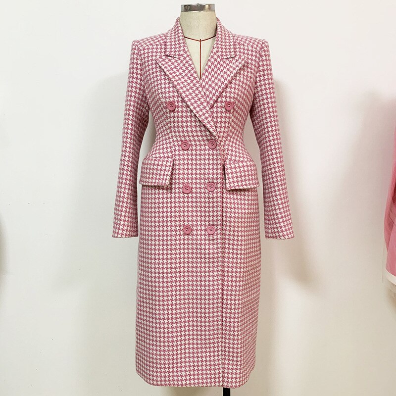 Title 6, Pink Houndstooth Wool Coat Retro Double-breasted