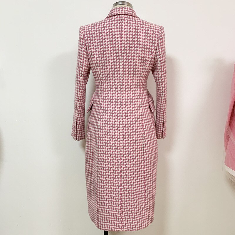 Title 7, Pink Houndstooth Wool Coat Retro Double-breasted