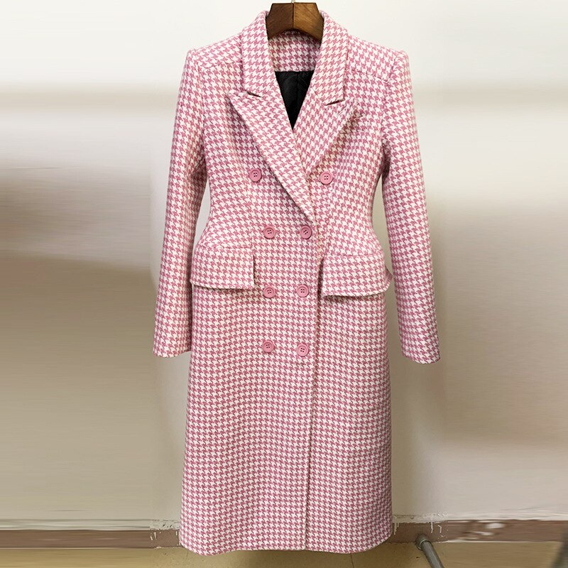 Title 8, Pink Houndstooth Wool Coat Retro Double-breasted