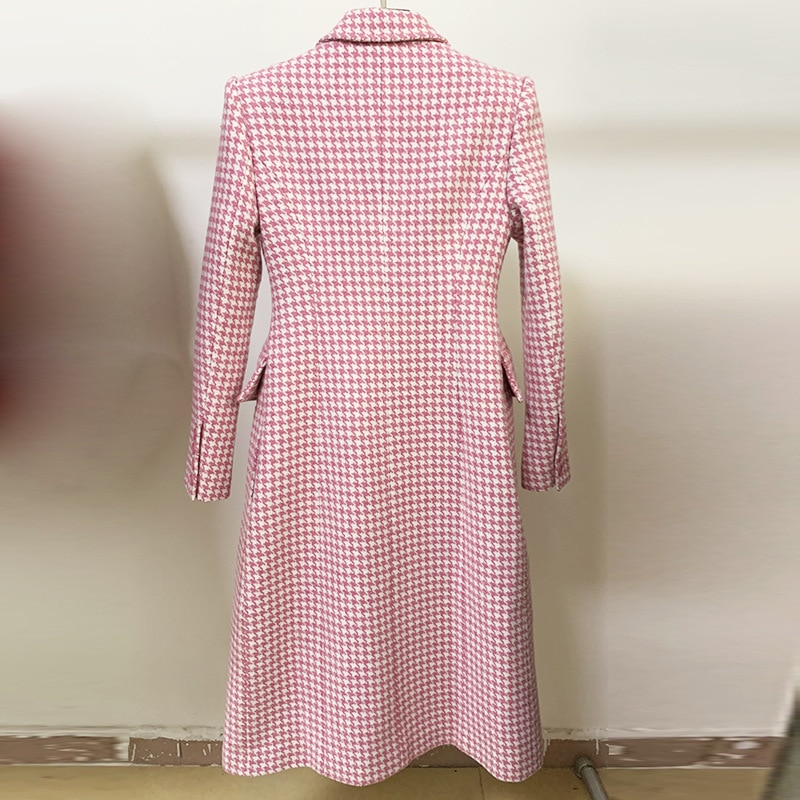 Title 9, Pink Houndstooth Wool Coat Retro Double-breasted