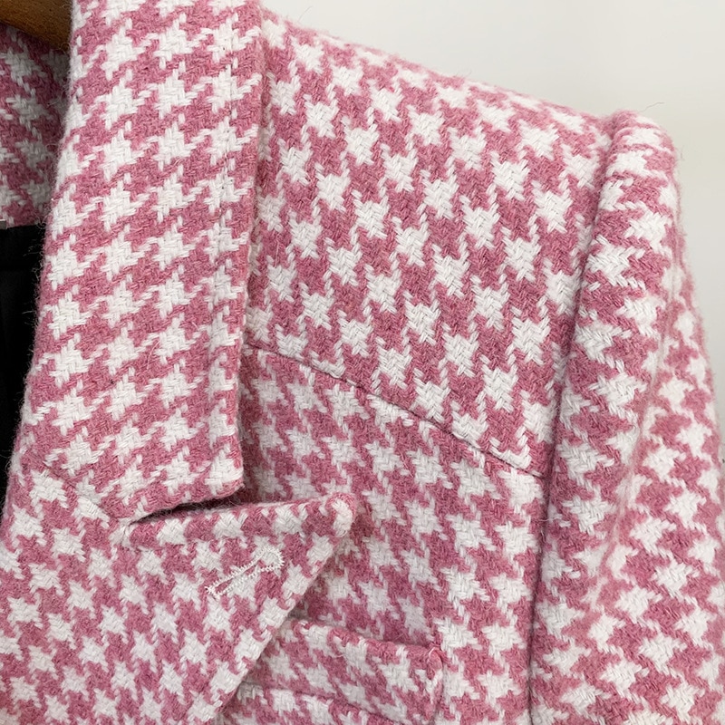 Title 10, Pink Houndstooth Wool Coat Retro Double-breasted