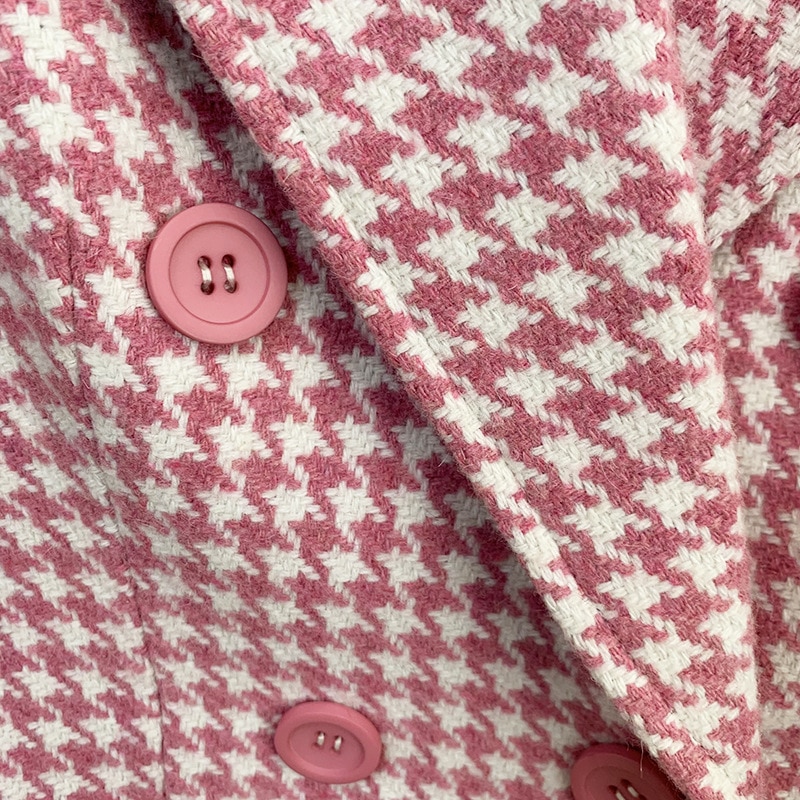 Title 12, Pink Houndstooth Wool Coat Retro Double-breasted