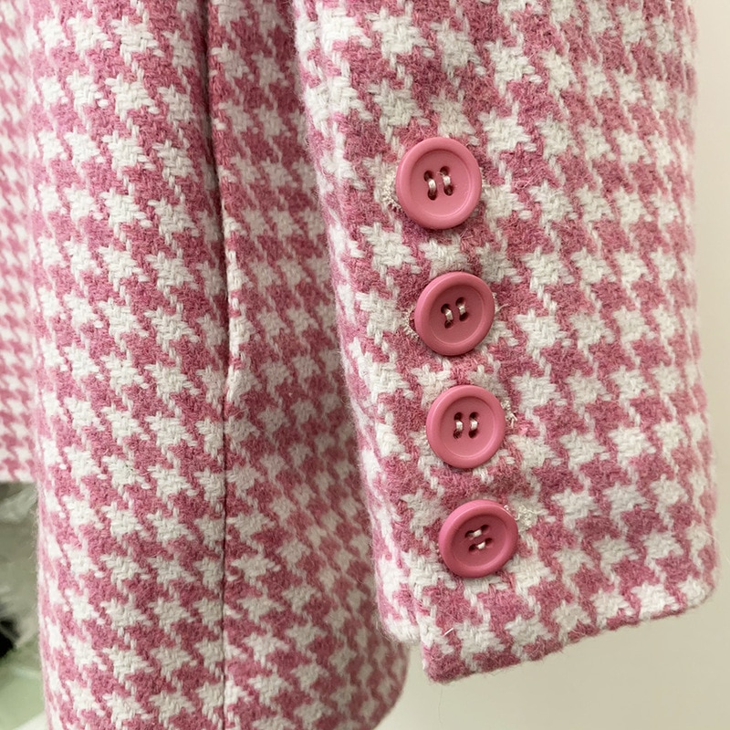 Title 14, Pink Houndstooth Wool Coat Retro Double-breasted