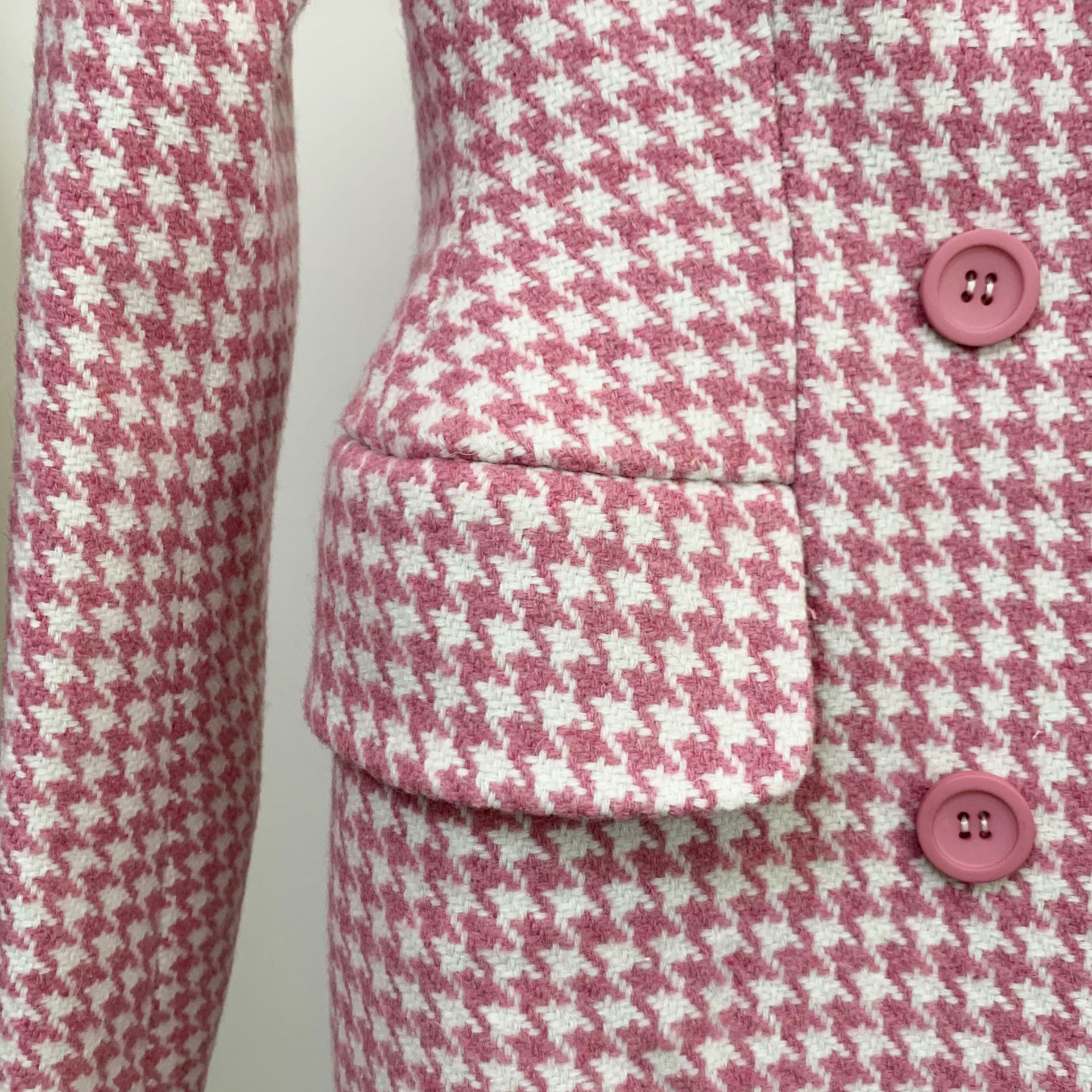 Title 15, Pink Houndstooth Wool Coat Retro Double-breasted