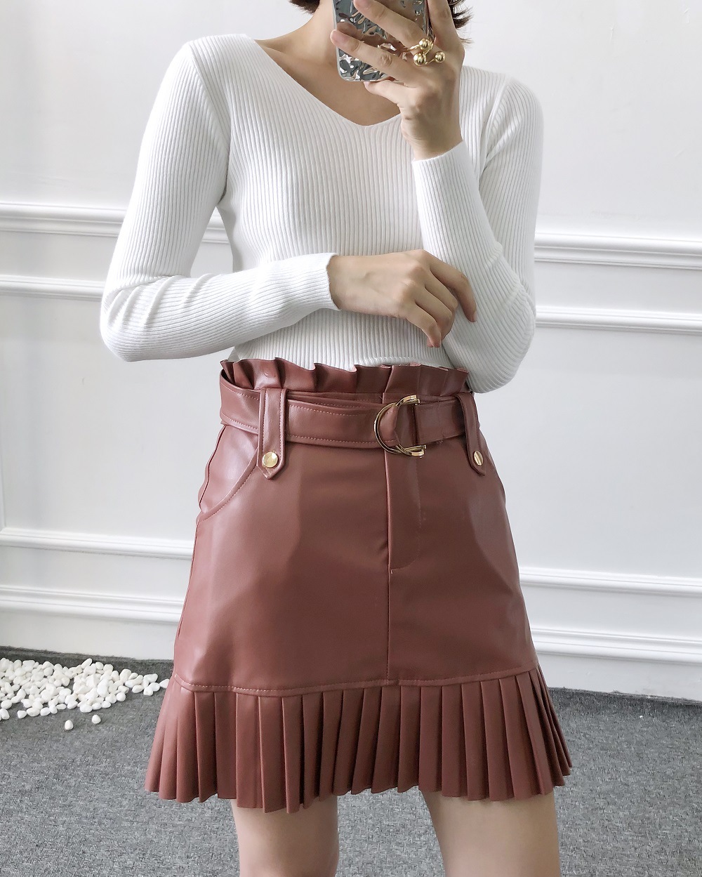 Title 15, Pleated Bottoming Fan PU Skirt Elevate your sty...