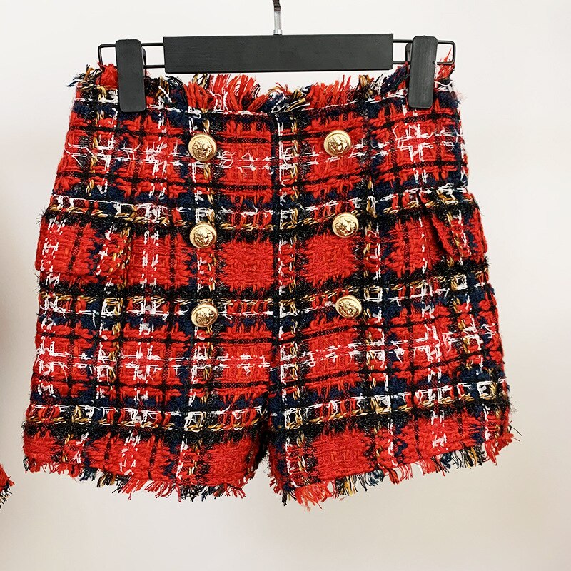 Title 1, Shorts de tweed xadrez vermelho e preto com botões