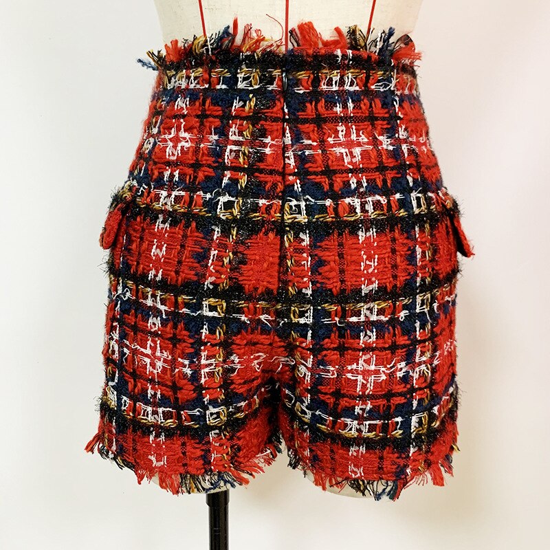 Title 10, Shorts de tweed xadrez vermelho e preto com botões