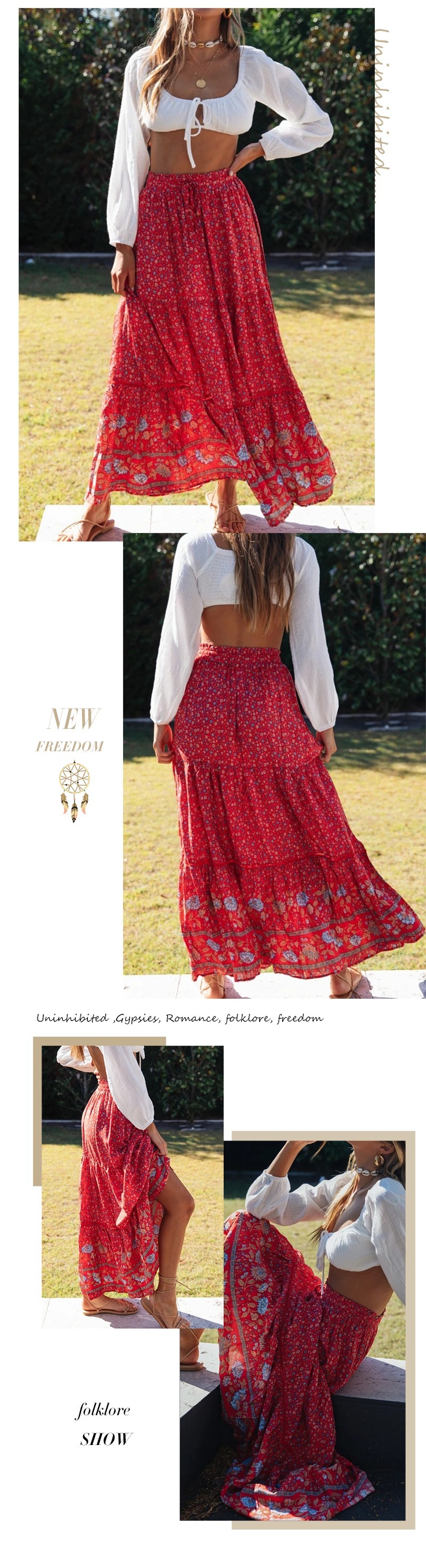 Title 1, Printed red sunflower cutout skirt, a vibrant a...