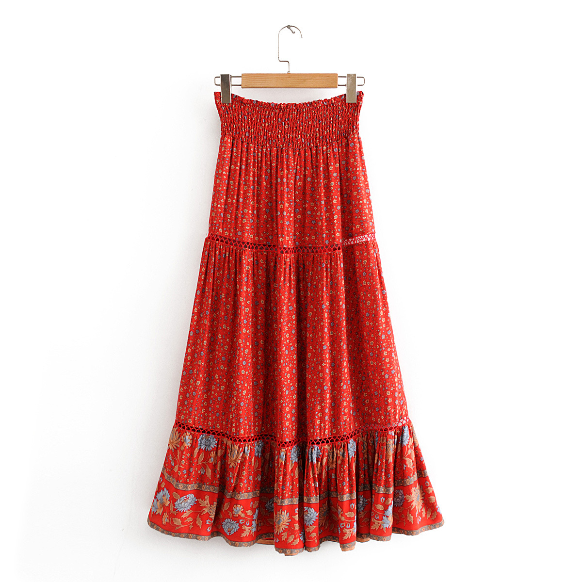 Title 3, Printed red sunflower cutout skirt, a vibrant a...