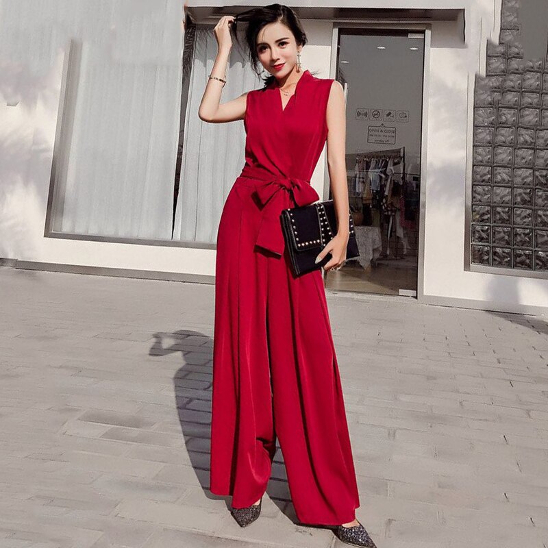 Title 1, V-neck bow tie wide leg jumpsuit