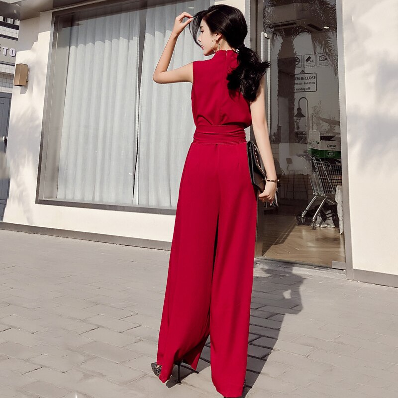 Title 2, V-neck bow tie wide leg jumpsuit