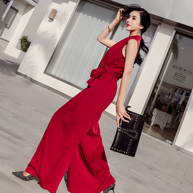 Title 4, V-neck bow tie wide leg jumpsuit