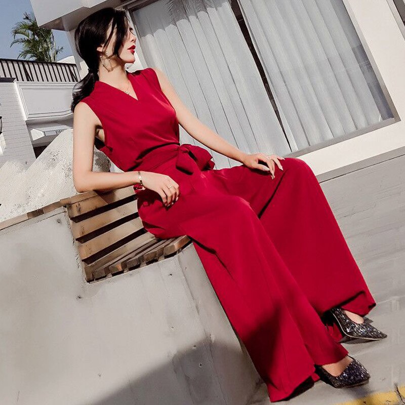 Title 5, V-neck bow tie wide leg jumpsuit