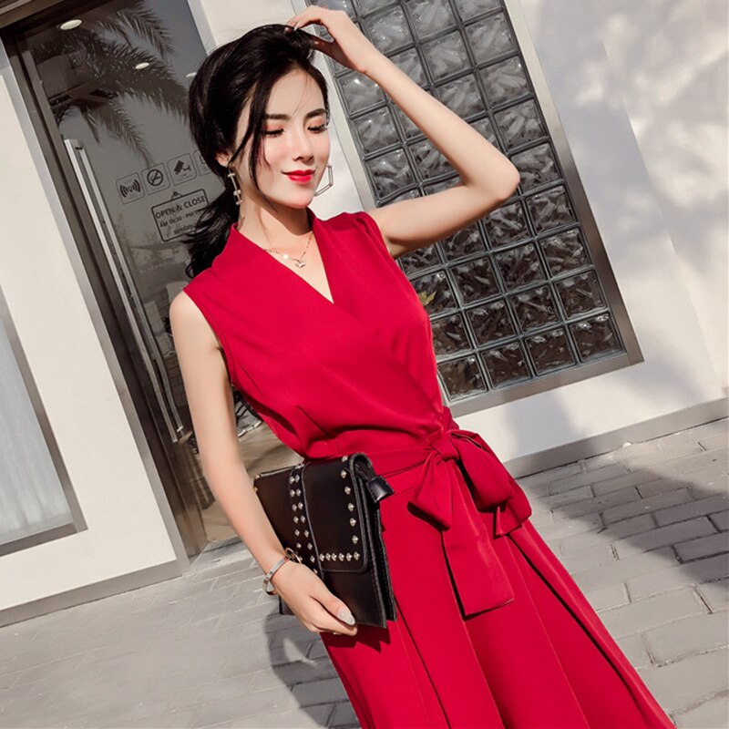 Title 7, V-neck bow tie wide leg jumpsuit