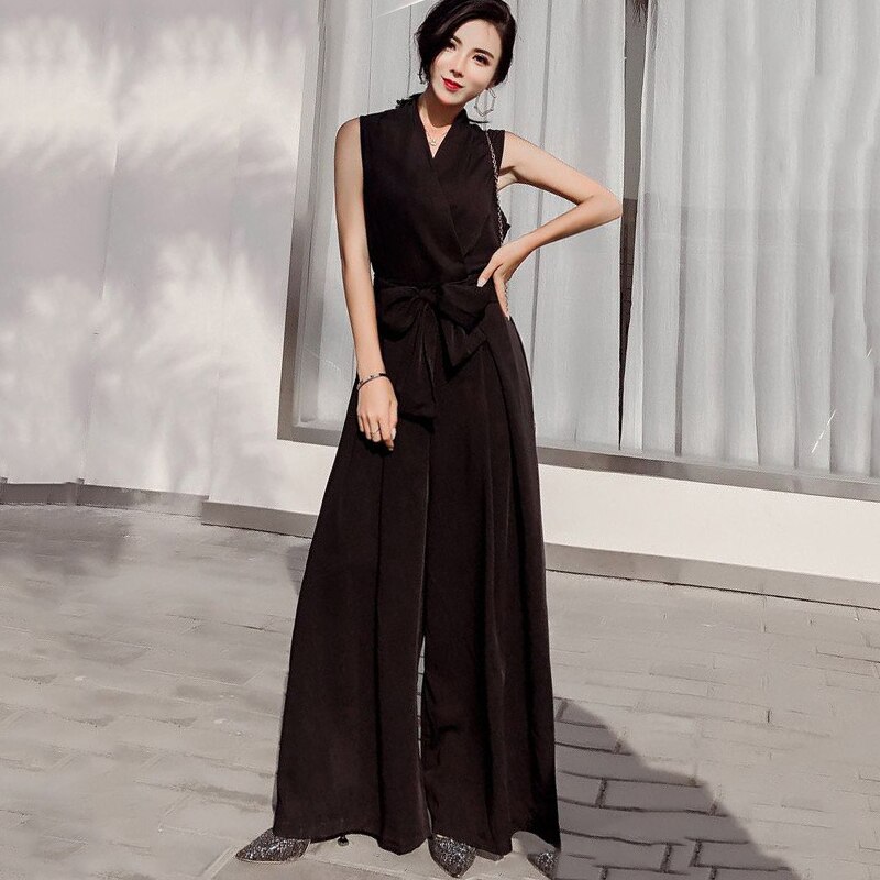 Title 8, V-neck bow tie wide leg jumpsuit