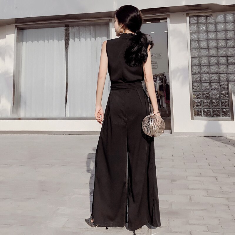 Title 9, V-neck bow tie wide leg jumpsuit