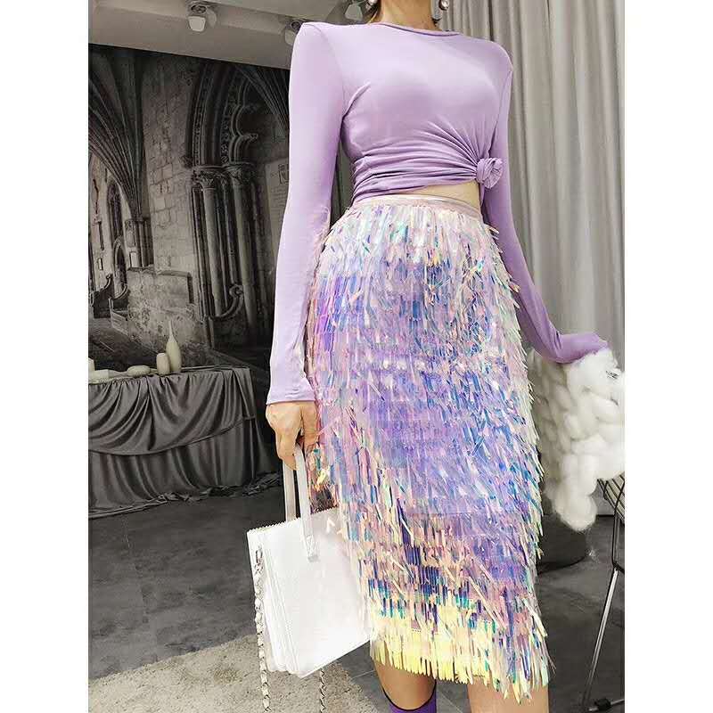 Title 10, High waist sequin fringed mesh skirt for a glam...