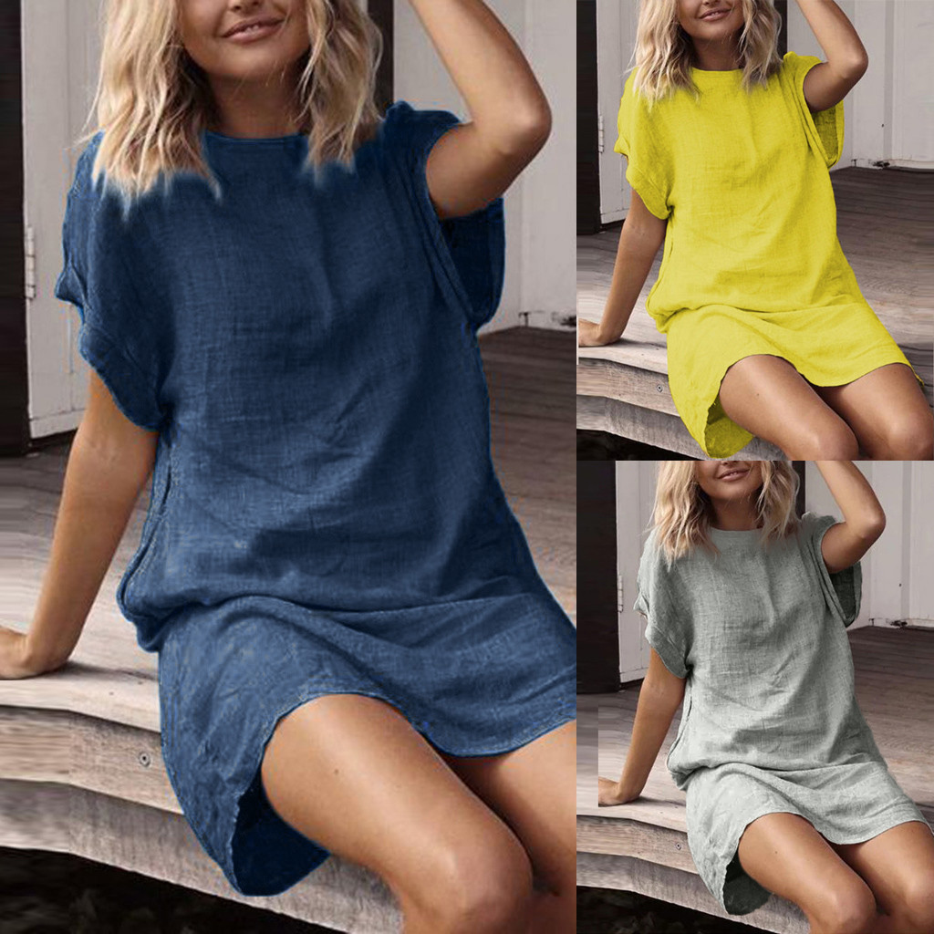 Title 2, Casual solid color cotton and linen short sleev...