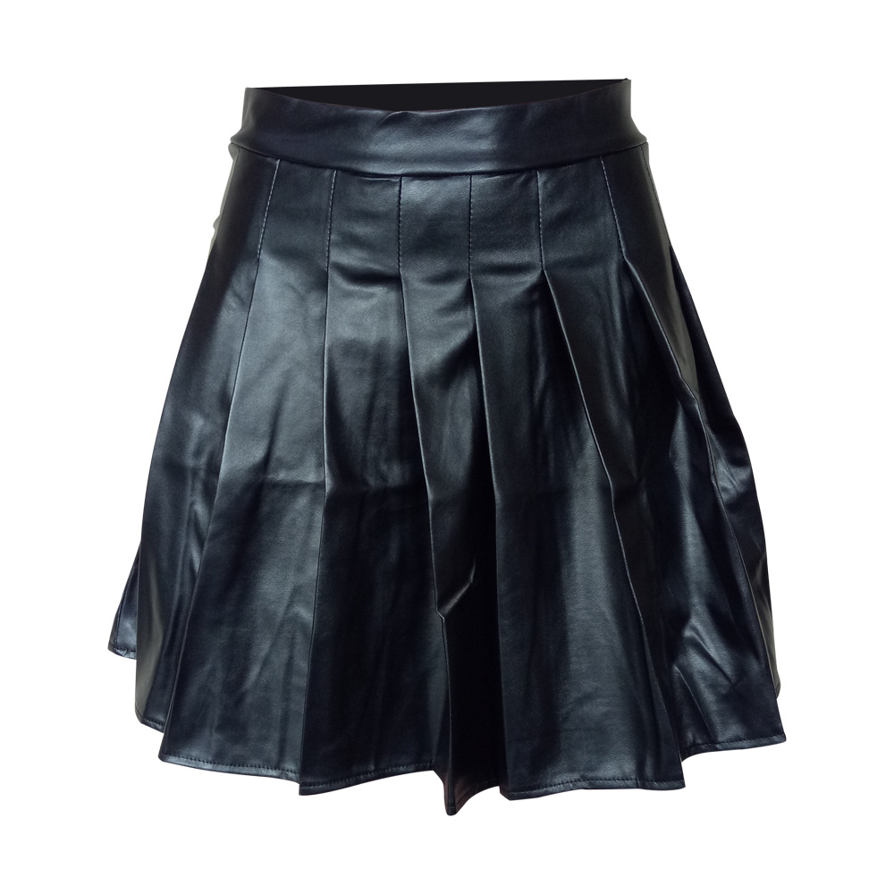 Title 10, Solid color PU leather pleated skirt, a fashion...