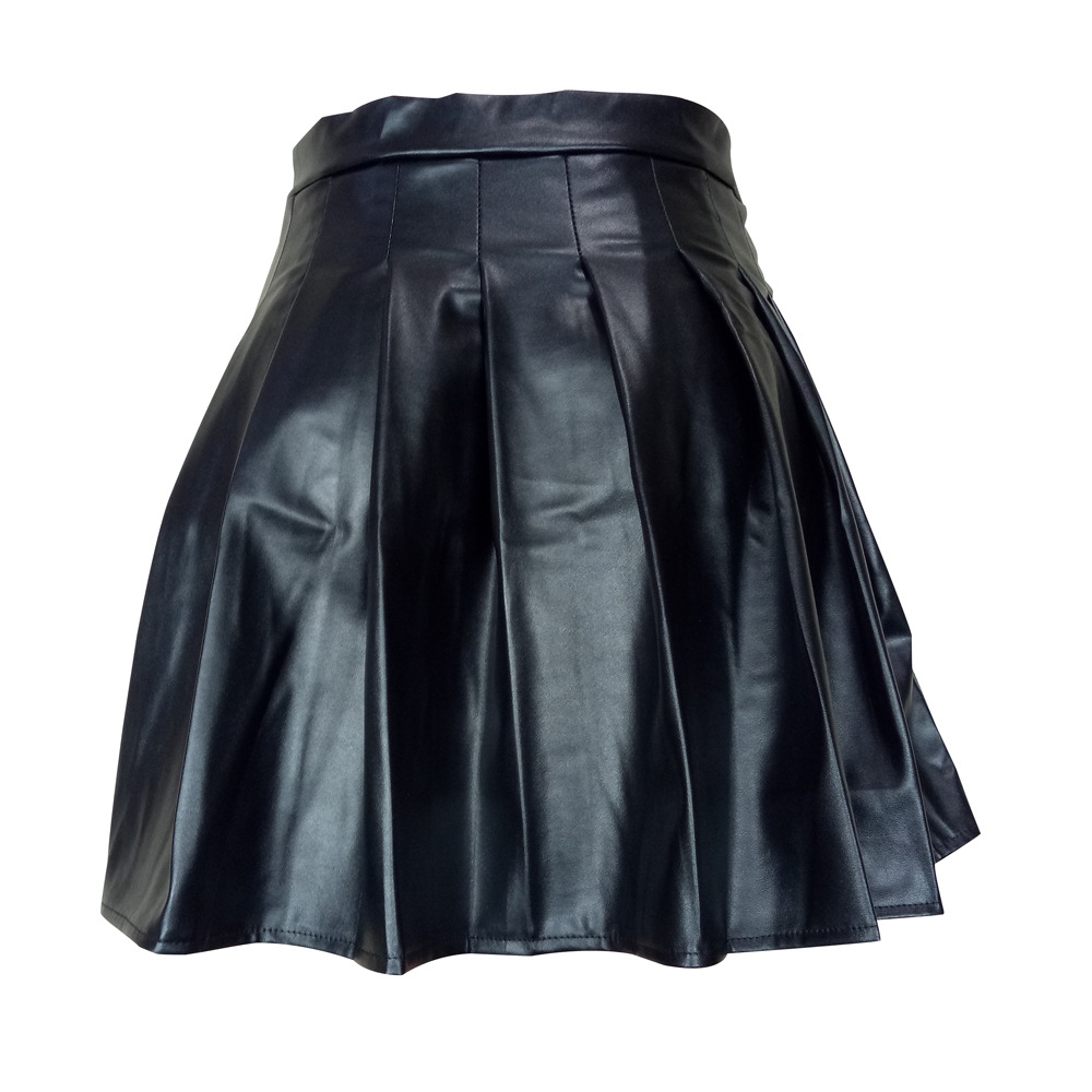 Title 11, Solid color PU leather pleated skirt, a fashion...